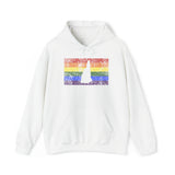 New Hampshire Pride Flag Hoodie: Rainbow LGBTQ+ State Silhouette Distressed Hooded Sweatshirt