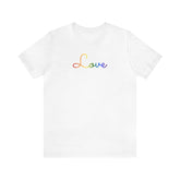 Pride Flag Love Script Tee: Subtly Elegant Pride T-Shirt