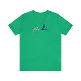 Genderfluid Pride T-Shirt: Flowing Cursive 'Pride' in Gradient Hues