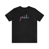 Bigender Pride T-Shirt: Flowing Cursive 'Pride' in Gradient Hues