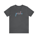 Transgender Pride T-Shirt: Flowing Cursive 'Pride' in Gradient Hues