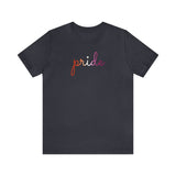 Lesbian Pride T-Shirt: Flowing Cursive 'Pride' in Gradient Hues