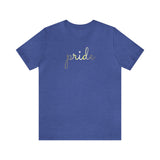 Demigender Pride T-Shirt: Flowing Cursive 'Pride' in Gradient Hues