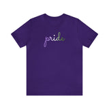 Genderqueer Pride T-Shirt: Flowing Cursive 'Pride' in Gradient Hues