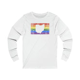 Ohio Pride Flag Long Sleeve Tee: Rainbow LGBTQ+ State Silhouette Distressed Long Sleeve T-Shirt