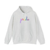 Gilbert Baker Pride Flag Hoodie: Flowing Cursive 'Pride' in Gradient Hues