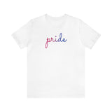 Bisexual Pride T-Shirt: Flowing Cursive 'Pride' in Gradient Hues