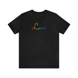 Pride Flag Love Script Tee: Subtly Elegant Pride T-Shirt