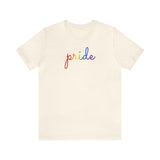 Pride T-Shirt: Flowing Cursive 'Pride' in Gradient Hues