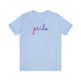 Bisexual Pride T-Shirt: Flowing Cursive 'Pride' in Gradient Hues
