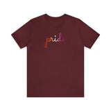 Lesbian Pride T-Shirt: Flowing Cursive 'Pride' in Gradient Hues