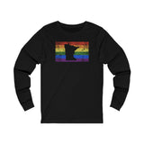 Minnesota Pride Flag Long Sleeve Tee: Rainbow LGBTQ+ State Silhouette Distressed Long Sleeve T-Shirt