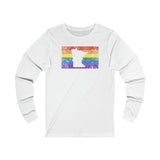 Minnesota Pride Flag Long Sleeve Tee: Rainbow LGBTQ+ State Silhouette Distressed Long Sleeve T-Shirt