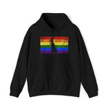 Delaware Pride Flag Hoodie: Rainbow LGBTQ+ State Silhouette Distressed Hooded Sweatshirt