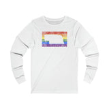 Nebraska Pride Flag Long Sleeve Tee: Rainbow LGBTQ+ State Silhouette Distressed Long Sleeve T-Shirt