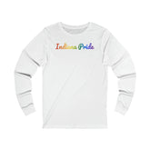 Indiana Pride Long Sleeve Tee: Flowing Cursive Design with LGBTQ+ Gradient