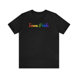 Iowa Pride T-Shirt: Flowing Cursive Design with LGBTQ+ Gradient