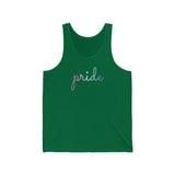 Bigender Pride Tank-Top: Flowing Cursive 'Pride' in Gradient Hues