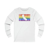 California Pride Flag Long Sleeve Tee: Rainbow LGBTQ+ State Silhouette Distressed Long Sleeve T-Shirt