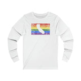 California Pride Flag Long Sleeve Tee: Rainbow LGBTQ+ State Silhouette Distressed Long Sleeve T-Shirt