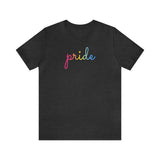 Pansexual Pride T-Shirt: Flowing Cursive 'Pride' in Gradient Hues