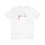 Pansexual Pride T-Shirt: Flowing Cursive 'Pride' in Gradient Hues