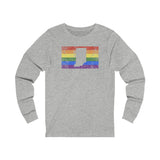 Indiana Pride Flag Long Sleeve Tee: Rainbow LGBTQ+ State Silhouette Distressed Long Sleeve T-Shirt