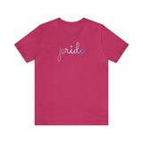 Bigender Pride T-Shirt: Flowing Cursive 'Pride' in Gradient Hues
