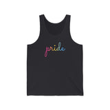 Pansexual Pride Tank-Top: Flowing Cursive 'Pride' in Gradient Hues