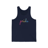 Pansexual Pride Tank-Top: Flowing Cursive 'Pride' in Gradient Hues