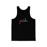 Pansexual Pride Tank-Top: Flowing Cursive 'Pride' in Gradient Hues