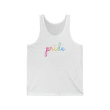 Pansexual Pride Tank-Top: Flowing Cursive 'Pride' in Gradient Hues