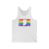 Indiana Pride Flag Tank: Rainbow LGBTQ+ State Silhouette Distressed Tank-Top