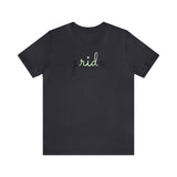 Agender Pride T-Shirt: Flowing Cursive 'Pride' in Gradient Hues