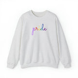 Gilbert Baker Pride Flag Sweater: Flowing Cursive 'Pride' in Gradient Hues