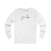 Gilbert Baker Pride Flag Long Sleeve T-Shirt: Flowing Cursive 'Pride' in Gradient Hues