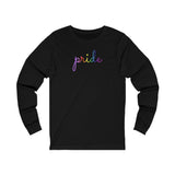 Gilbert Baker Pride Flag Long Sleeve T-Shirt: Flowing Cursive 'Pride' in Gradient Hues