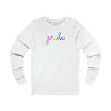 Gilbert Baker Pride Flag Long Sleeve T-Shirt: Flowing Cursive 'Pride' in Gradient Hues