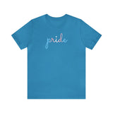 Transgender Pride T-Shirt: Flowing Cursive 'Pride' in Gradient Hues