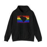 South Carolina Pride Flag Hoodie: Rainbow LGBTQ+ State Silhouette Distressed Hooded Sweatshirt