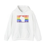 Wisconsin Pride Flag Hoodie: Rainbow LGBTQ+ State Silhouette Distressed Hooded Sweatshirt