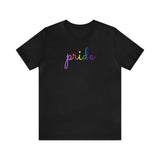 Gilbert Baker Pride Flag T-Shirt: Flowing Cursive 'Pride' in Gradient Hues