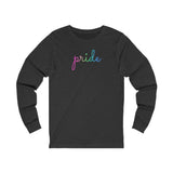 Polysexual Pride Long Sleeve T-Shirt: Flowing Cursive 'Pride' in Gradient Hues