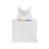 Michigan Pride Tank Top: Flowing Cursive Design with LGBTQ+ Gradient
