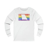 Missouri Pride Flag Long Sleeve Tee: Rainbow LGBTQ+ State Silhouette Distressed Long Sleeve T-Shirt