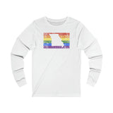 Missouri Pride Flag Long Sleeve Tee: Rainbow LGBTQ+ State Silhouette Distressed Long Sleeve T-Shirt