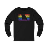 Missouri Pride Flag Long Sleeve Tee: Rainbow LGBTQ+ State Silhouette Distressed Long Sleeve T-Shirt