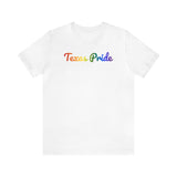 Texas Pride T-Shirt: Flowing Cursive Design with LGBTQ+ Gradient