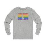 Delaware Pride Flag Long Sleeve Tee: Rainbow LGBTQ+ State Silhouette Distressed Long Sleeve T-Shirt