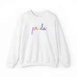 Gilbert Baker Pride Flag Sweater: Flowing Cursive 'Pride' in Gradient Hues